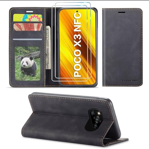 SLWYF Funda para Xiaomi Poco X3 NFC/Poco X3/Poco X3 Pro, con Protector de Pantalla, Soporte Plegable Tapa Flip de PU Ranuras Tarjetas Magnético Protección, Protección de Cuero Premium, Black