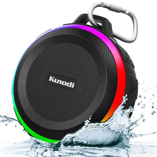 Kunodi Bluetooth Shower Speaker with IPX7 Waterproof, Dynamic Lights, Crisp Clear Sound, True Wireless Stereo, Clip Portable for Pool Beach Boat Kayak Float Golf