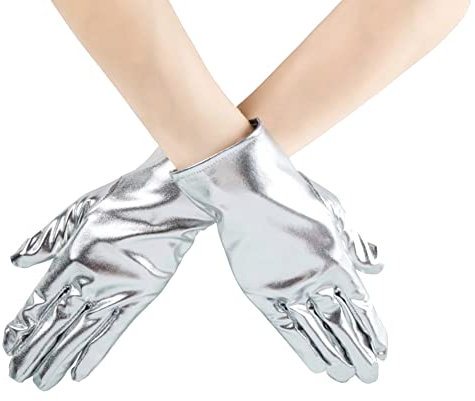 JIHUOO Patent Leather Dress Gloves - Wet Look, Fashion Finger, Evening Opera Costume Party Gloves for Women - Silver