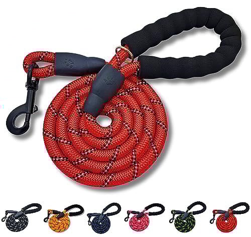 DogCatz Strong Rope Dog Lead, Medium Large Dogs, Soft Padded Handle, Highly Reflective, Heavy Duty 5 Foot Leads (Red)