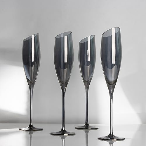 REAWOW Lot de 4 verres à champagne en cristal de 180 ml sans plomb galvanoplastie Gris pour champagne avec poignée tirée