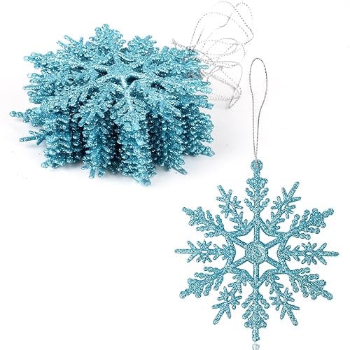 VEYLIN Christmas Hanging Decorations - 12PCS Glitter Snowflake Ornaments for Trees (Blue)