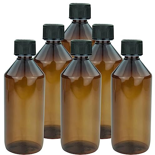 mikken 6x Braune Laborflasche 500 ml Kunststoff Flaschen für e-Liquid, Chemikalien, etc. + 6 Etiketten