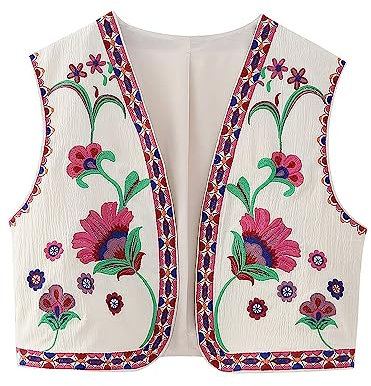 YILEEGOO Gilet court sans manches pour femme - Style bohème - Avec broderie florale - Ouverture sur le devant, Beige/rose., S