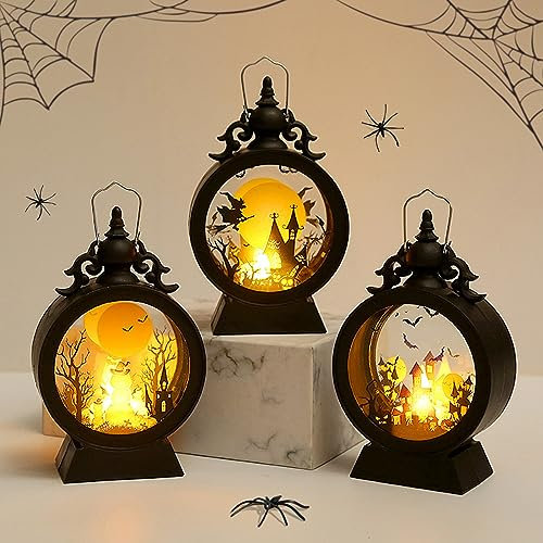 Halloween Laterne, Halloween Deko LED Lampe, Vintage Halloween LED Kerzen Batteriebetrieben, Aufhängbar LED Kerzen Deko Laterne für Halloween Dekoration, Halloween Deko Garten, Party Deko (3 Stück)