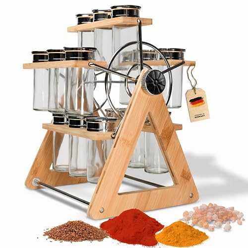 Coradoma Gewürzregal aus Holz - Drehbares Gewürzkarussell mit 15 Gewürzdosen | Gewürzgläser Spice Rack | Gewürzständer und Küchenregal - Küchen Organizer zur Gewürzaufbewahrung