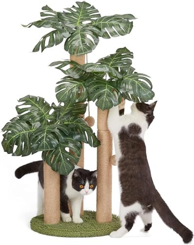 Cat Scratching Post,80cm Tall Cat Scratcher Post Cat Tree with 3 Scratching Poles & Dangling Ball for Indoor Outdoor Kitty Cat (Monstera tree)