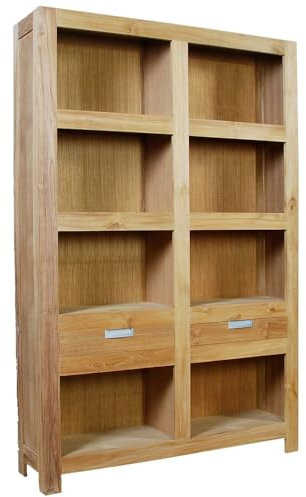 Teako Design Regal Vika aus Teakholz, 210x136x35cm, naturfarben, Wohnzimmer, Nachhaltiges Teak, Robustes Bücherregal mit Schubladen, Wohnaccessoire, Massivholz