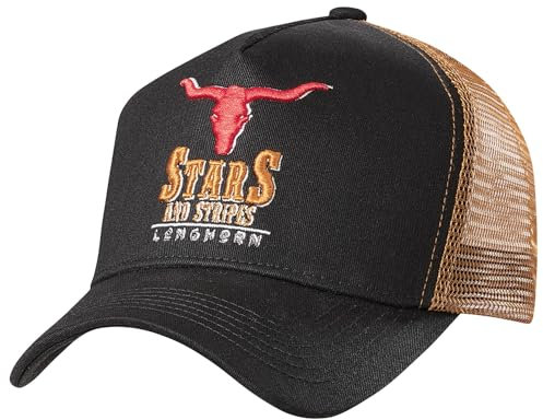 STARS & STRIPES Western-Mode Trucker Cap Longhorn Black – Schwarz & Braun mit Bestickung & Mesh-Einsatz | Verstellbare Snapback-Cap