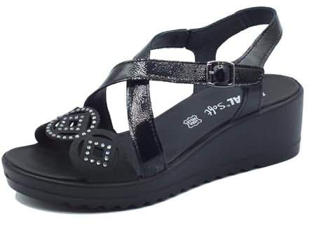 ENVAL SOFT 5781200 Naplak Nero Sandali Confort per Donna in Pelle Verniciata con Zeppa Alta (Taglia 37)
