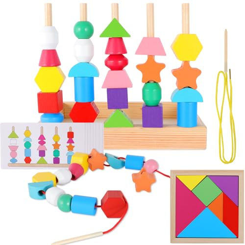 Holzspielzeug Fädelspiel Bausteine Sortierspiel, Holzperlen Geschenk Lernspiel, Motorikspielzeug Steckspiel Perlen, Fädelspiel mit Ablagefach und Karten Tangram, Perlen Stapelspielzeug für Baby Kinder