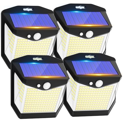 Luz Solar LED Exterior Jardin: 248 LED Luces Solares Sensor de Movimiento 270° Foco Solar Exteriores Lampara IP65 Impermeable Aplique Solar Potente para con Iluminacion Terraza Outdoor Light 4 Paquete
