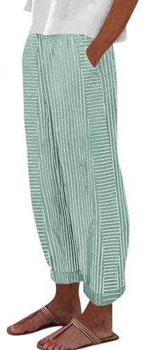 Freizeithose Damen,Leinenhose Damen Hose Sommer Leicht Strand Freizeit Hose Lang Locker Sommerhose Casual Gerades Bein Bequeme Stoffhose Luftig Sporthose mit Kordelzug und Taschen,Grün,S