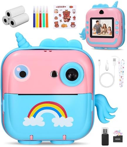 Kinderkamera Sofortbildkamera, Digitalkamera für Kinder,mit 1080P HD-Bildschirm, 32GB TF-Karte, 5 Farbstiften und USB-Kartenleser,für Kinder von 3-12 Jahren (Rosa und Blau, 16 x 13.5 x 5.8)