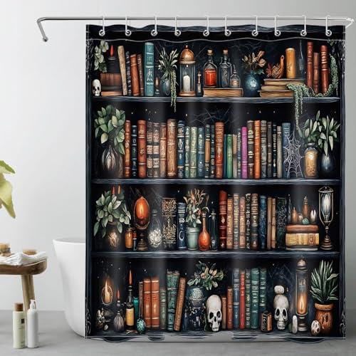 LB Vintage Bücherregal Duschvorhang 150x200cm(BxH) Hexenhafte magische Buch Gothic Schädel Antischimmel Wasserdicht Badezimmer Vorhänge,Grün Pflanze Extra Lange Polyester Stoff Bad Vorhang mit Haken