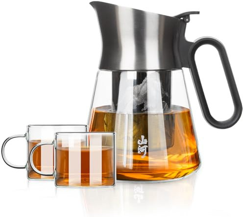 ZENS 680ml Design klein Teekanne aus Glas mit Edelstahl-Auslauf und Siebeinsatz für Losen Tee, Ovalen Griff klar Dick Teekanne mit Teesieb und 2 Tassen für Grüner Tee-Liebhaber Geschenke