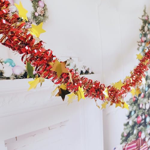 Anevous 2 Stück Weihnachtsgirlande, 2m Weihnachten Lametta Girlande mit Stern, Metallic Lametta Garland, Sterngirlande Hängende Dekoration, Kranz für Weihnachtsbaum Hochzeit Party Deko,Rot