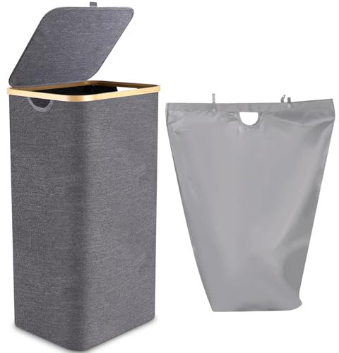 Wäschekorb mit Deckel 100L, Wäschebox mit Bambus Henkel und Innentasche,Wäschesammler Bambus,Groß Kapazität,Laundry Baskets, Faltbare Wäschekörbe für Waschküche, Schlafzimmer, Badezimmer (Grau)