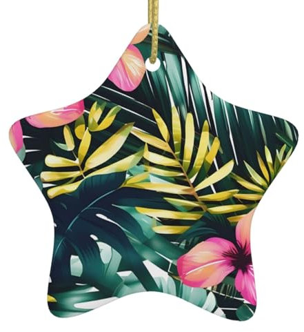 Tropical Summer Hawaiian Flower Palm Leaves Print Ceramic Christmas Tree Decorations Indoor for Home, House Decor, Gift Ideas for Family