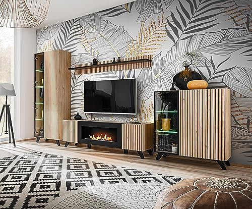 Deconation Ensemble De 4 Meubles pour Salon Liam en Bois avec Cheminée - Beige/Noir - Eclairage LED