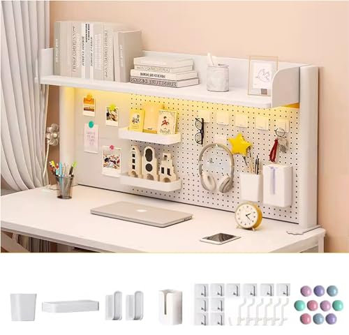 Generisch Schreibtisch-Bücherregal-Organizer-Panel mit Löchern, 1–2 Etagen, Kohlenstoffstahl + Holzbrettmaterial, hohe Tragfähigkeit, für Zuhause, Büro, Wohnheim, Zwei Farben (Farbe: Weiß, Größe: 100