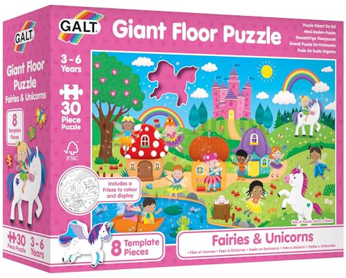 Galt Giant Floor Kids Jigsaw Puzzle Fairies and Unicorns, Fun Colourful 30 Piece with Cute Characters, 8 Template Pieces and Frieze to Colour and Display, Children Ages 3 to 6 Years, 60 x 90 cm