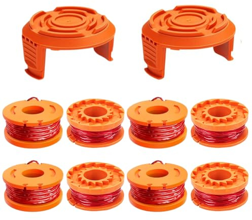 Rasenmäher Fadenspule Kompatibel mit WROX WA0004.1 - Langlebige Ersatzfaden Spulen& Trimmer Spulenkappe für alle 20V Rasentrimmer Faden Trimmer Ersatz Spule Faden Ø1,65mm, 3m Länge(8 Spulen+2 Kappe)