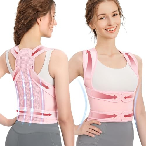 BUKYCAT Corrector Postura Espalda para Mujer Hombre, Corrector de Postura, Espalda Recta Postural Correctores, Corregir Soporte Ajustable para Cuello Hombros Lumbar Enderezar (Rosa, Large)