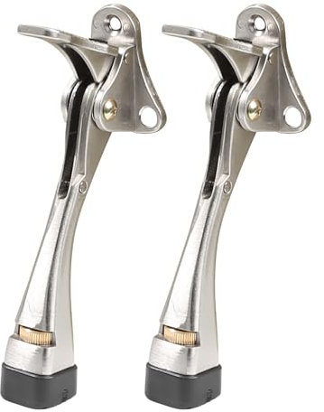 Kickdown Door Stopper 5 Inches - 2 Packs One Touch Adjustable Height Door Stop for The Bottom of Door Aluminum Alloy Metal Door Stopper with Rubber Tip & Wall Protectors for Wide Doors Nickel