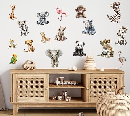 wolga-kreativ Wandtattoo für das Kinderzimmer, Wandsticker selbstklebend – 17 Safari-Tiere für das abenteuerliche Deko Kinderzimmer