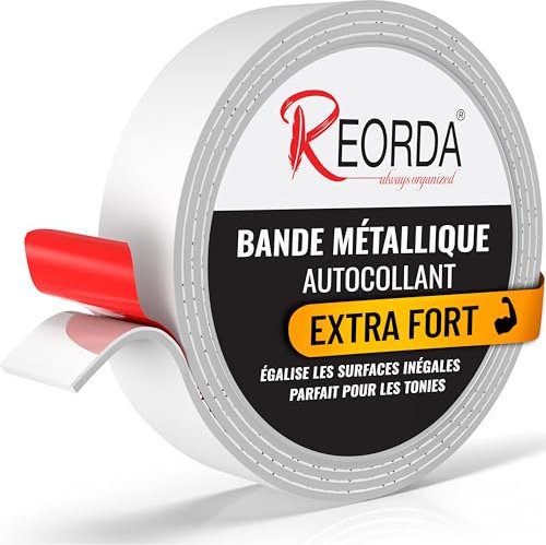 REORDA® Bande Métallique Auto-Adhésive Blanche Idéale pour Figurines Tonies® & Étagères (Extra Fort) - Ruban pour Aimants I Bande de Fer Ruban Ferreux