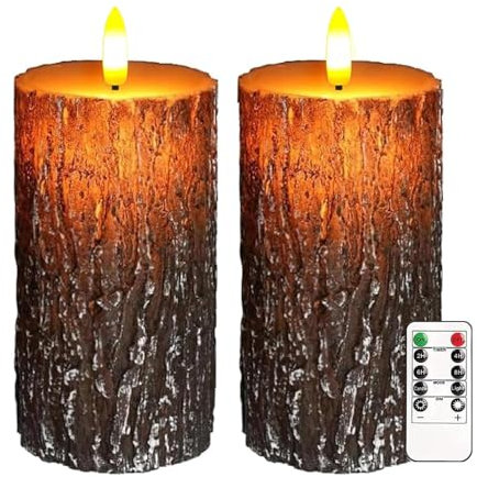 Justup Flammenlose LED-Kerzen, Set von 2 Flackernde LED Kerzen mit Fernbedienung und Timer, Dimmbare Säulen Kerzen Batterie betrieben, Echtes Wachs Kerze für Weihnachten Winter Heimdekor (Rinde)