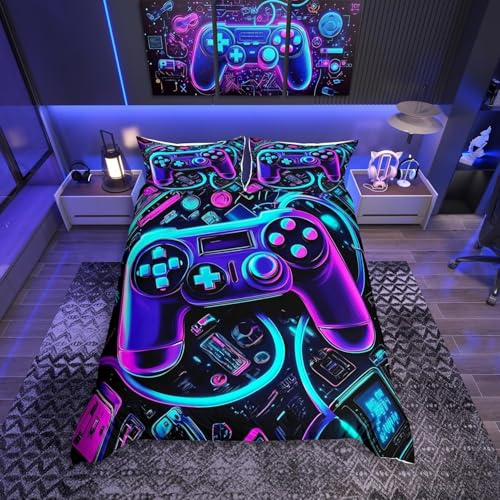 Homemissing Gamer Housse de Couette 220x240cm Neon Gaming Ensemble de Literie pour Enfants Garçons Filles Jeux Parure de Lit contrôleur de Jeu Parure de Lit
