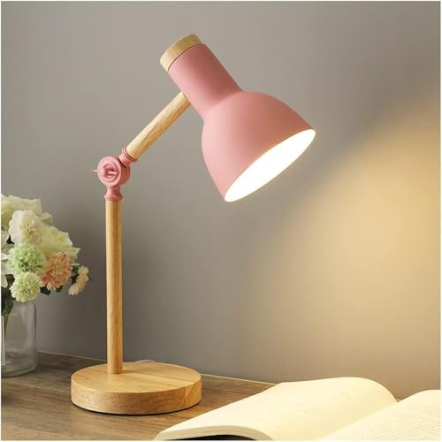 Bedside Table Lamp, Modern Wood Desk Lamp with Metal Shade, Adjustable Bedside Table Light for Office, Study Room, Bedroom, Living Room, Kids Room & Reading (Pink)