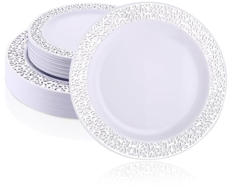 MUXHEL Set di 50 piatti di plastica bianchi, 19 cm e 26 cm, riutilizzabili, piatti di plastica riutilizzabili, piatti per feste, stoviglie in plastica, piatti per feste con argento per matrimoni