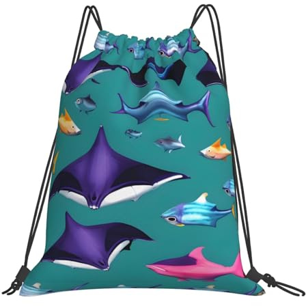 jingong Manta Ray and Fishes tragbarer Outdoor-Rucksack, Kordelzug-Tasche, leichter Turnbeutel für Reisen, Yoga, Strand