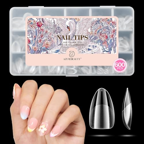 AZUREBEAUTY Extra Short Almond Nail Tips, 600Pcs Soft Nail Tips for Gel Extensions Half Matte Full Cover Clear Acrylic Gel Kit False Press on Nails Manicure Salon DIY at Home Nail Art 15 Sizes