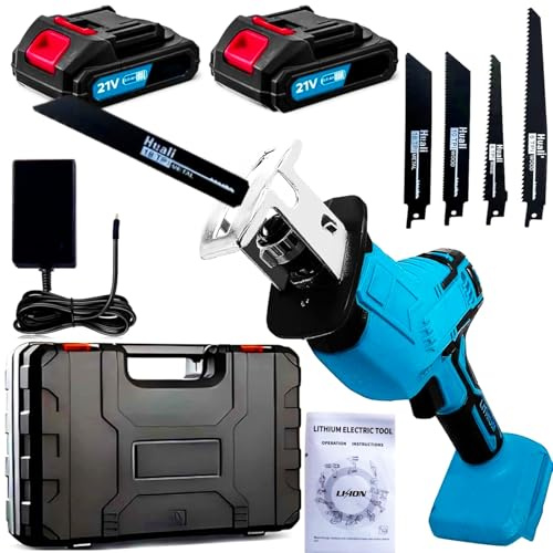 Eléctrica Sierra Sable Inalámbrica 21V con 2 Baterías Cargador 4 Hojas de Sierra, Motor Sin Escobillas con Luz LED, Sierra Alternativa de Velocidad Variable para Metal, Madera, Tubos de PVC y Corte