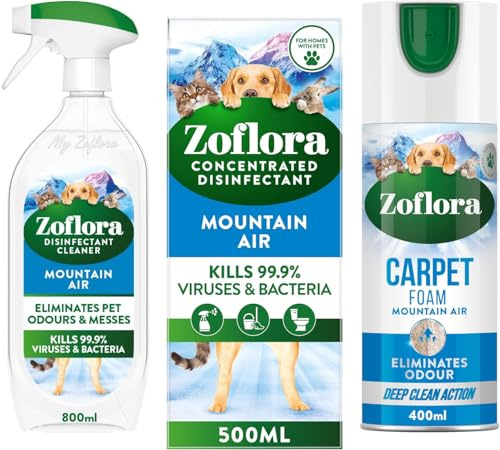 Zoflora Mountain Air Concentrated Multipurpose Disinfectant Liquid, Antibacterial & Multi-Surface 500ml - Trigger Spray 800ml - Carpet Foam 400ml