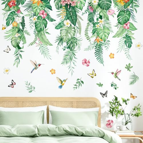 Supzone Stickers Muraux Feuilles de Palmier Grands Autocollants Mural | Tropicales Plantes Fleur Décoration Murale Pendaison Vigne Vertes pour Salon Chambre Adulte Bureau Mur TV Déco