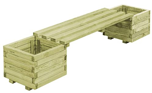 YunCangg Banc de jardin avec pots de fleurs en bois de pin imprégné vert, 196 x 40 x 36 cm, résistant aux intempéries, robuste, idéal pour jardin, terrasse et balcon, avec pots de fleurs pour planter