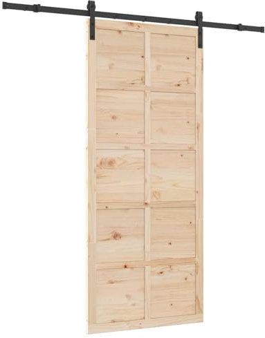 HETFTJN Porta scorrevole naturale, 80 x 208 cm, in legno di pino massiccio, set completo con binario da 200 cm in acciaio, porta interna salvaspazio, design porta fienile, per soggiorno e ufficio
