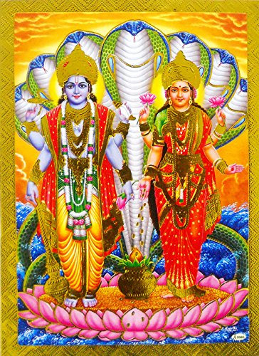 Crafts of India Lord Vishnu Ji with Lakshmi Poster/Reprint Hindu God Picture with Golden Foil (Unframed : Size 5X7 inches)