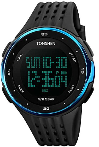 TONSHEN Unisexe Multifonctionnel Digitale Sport Montres Bracelet Homme et Femme Outdoor Militaires 50M Etanche Plastique Caisse et Caoutchouc Ruban LED Temps Double Montre (Bleu)