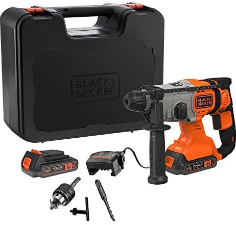 BLACK+DECKER Trapano a percussione SDS-Plus a batteria da 18V, batterie agli ioni di litio da 2,5Ah, potente forza d'urto da 1,2J, scatola del kit, BCD900E2K-QW