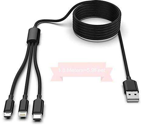 Multi 3 in 1 USB Long iPhone Charging Cable, 1.8M/5.9Ft Nylon Braided Universal Phone Charger Cord USB C/Micro USB/Lightning Connector Adapter for Android/Apple/Samsung/LG/Pixel/Huawei/XiaoMi(Black)