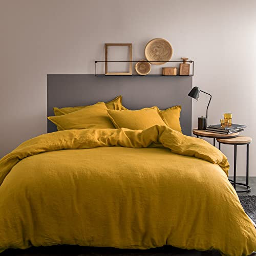 MATT & ROSE Parure de lit 220x240 cm Unie Lin LAVÉ | 100% Lin Lavé | Oeko-TEX | Housse de Couette 220x240 + 2 Taies d'oreiller 65x65 cm | Safran