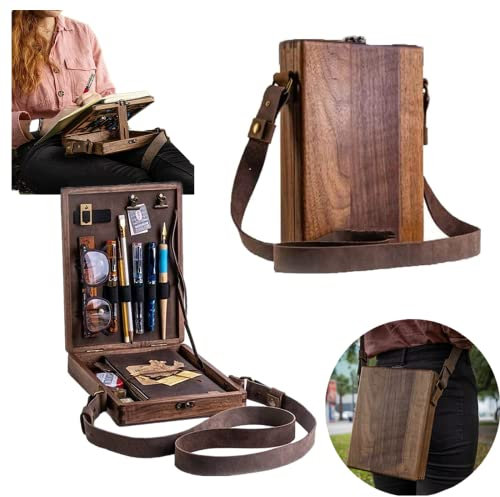 Writers Messenger Holzbox, multifunktionale handgefertigte Umhängetasche aus Holz, tragbare Künstlerwerkzeugtasche, Malpinsel, Werkzeugaufbewahrung, Skizzenbox, Staffelei für Outdoor-Malerei (braun)