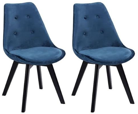 Happy Garden Lot de 2 chaises de Salle à Manger Nora Velours Bleu avec Coussin, chaises de Cuisine, chaises rembourrées, Pieds Noirs en Bois de hêtre Massif