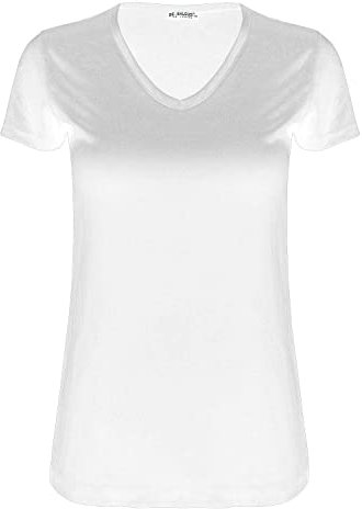 Womens Ladies Casual Cap Sleeve Plain V Neck Basic Stretchy Baggy Jersey T Shirt (White, 24-26)